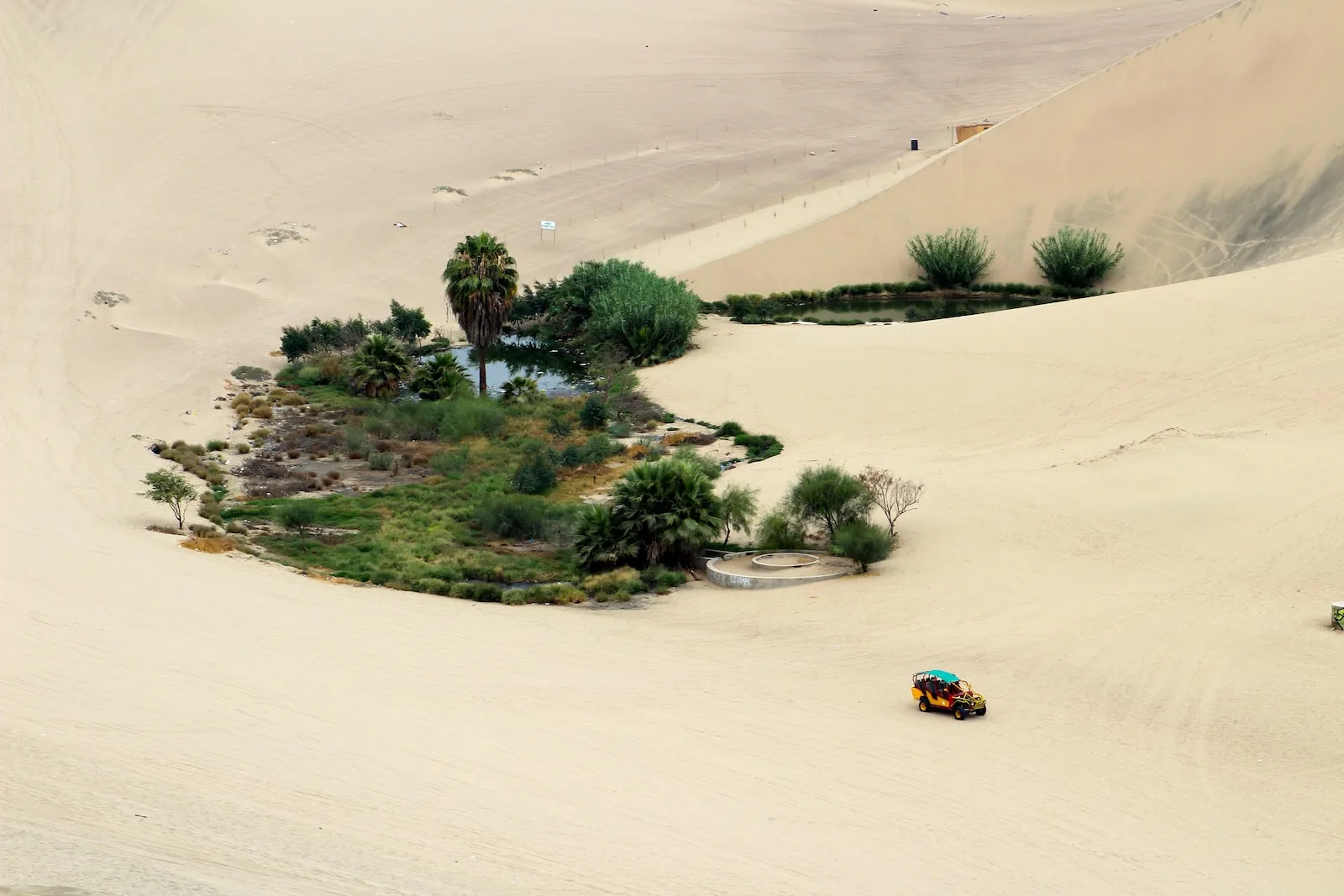 oasis, yellow and blue car on brown sand