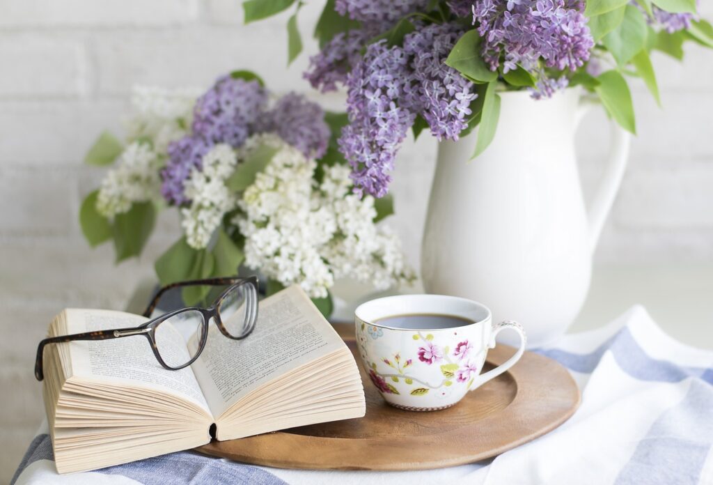 Calm-INshed, relaxing, reading, library, shed coffee, book, flowers