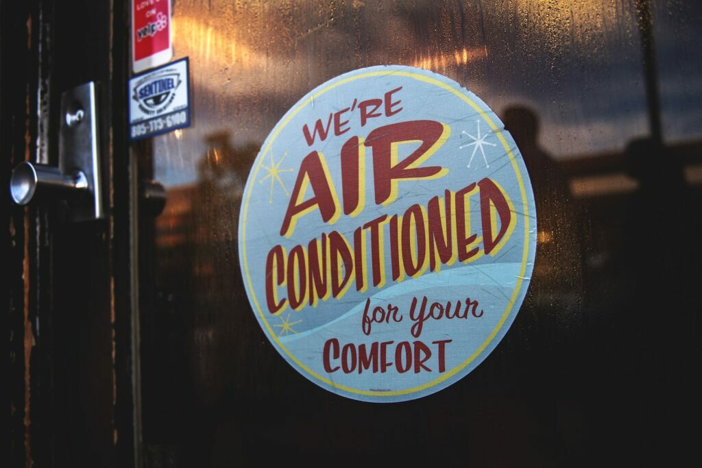 air conditioner shed, air conditioning shed, air conditioning for shed, we're air conditioned for your comfort sticker