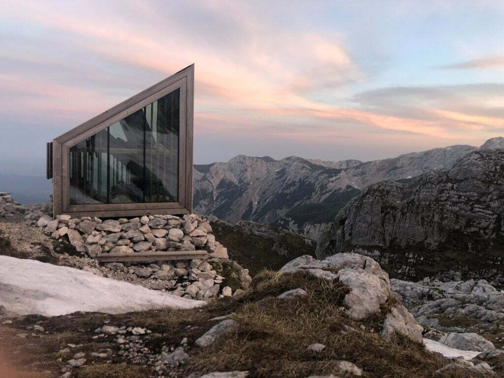 work pod, backyard office pod, white-framed glass cabin on top of a mountain