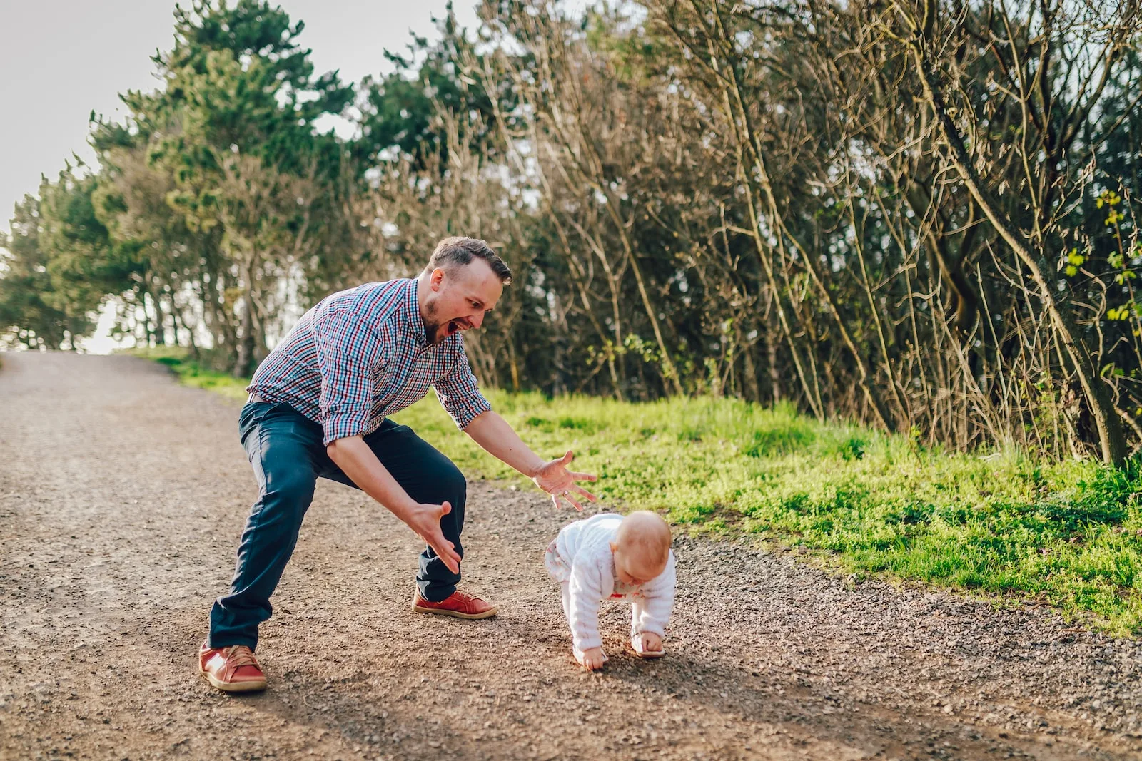man taking child for walk  from his backyard office
